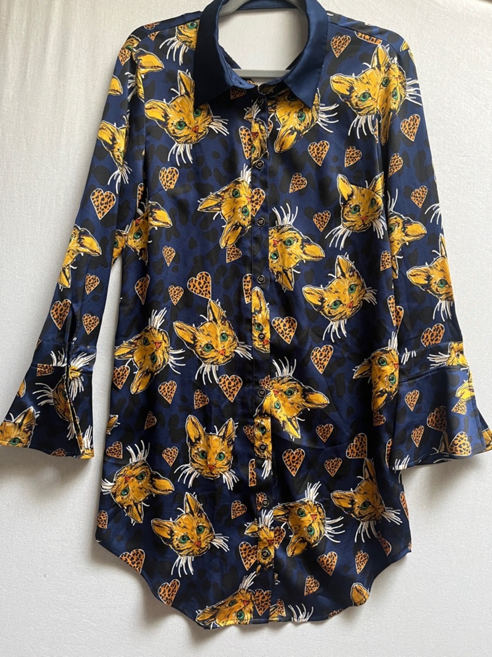 Quirky Navy Cat & Leopard Heart Print Silk-Blend Button-Down Tunic Dress Sz L